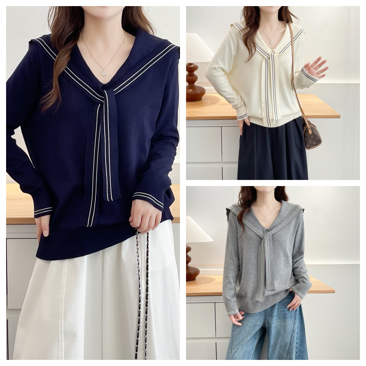 大码女装秋季新款设计感披肩海军领针织衫韩版遮肚子显瘦百搭上衣