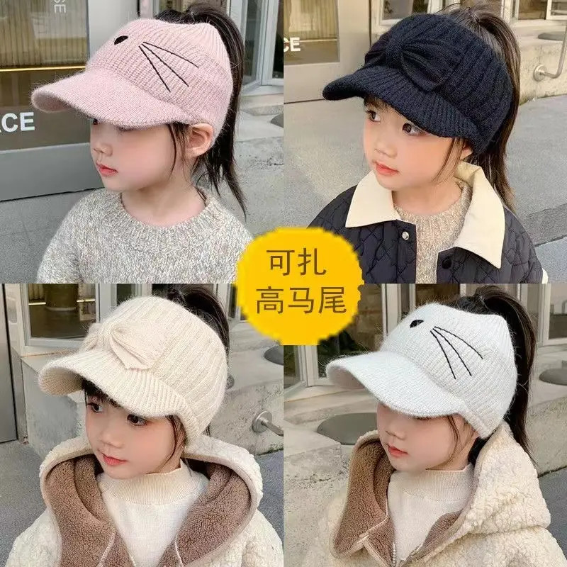 儿童鸭舌帽秋冬女孩针织女宝宝棒球帽男童女童空顶保暖帽可扎马尾