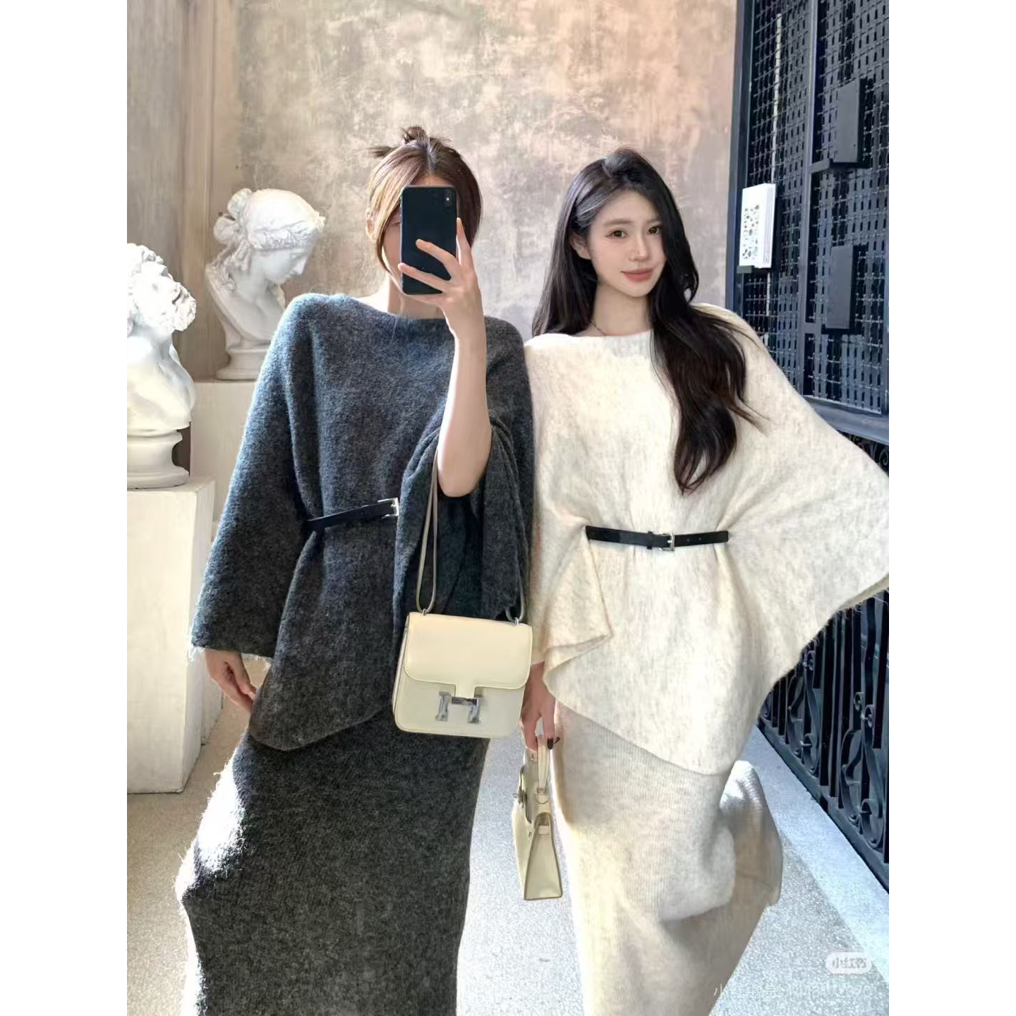 韩系穿搭2025秋冬气质慵懒风针织斗篷罩衫套装女吊带裙两件套显瘦