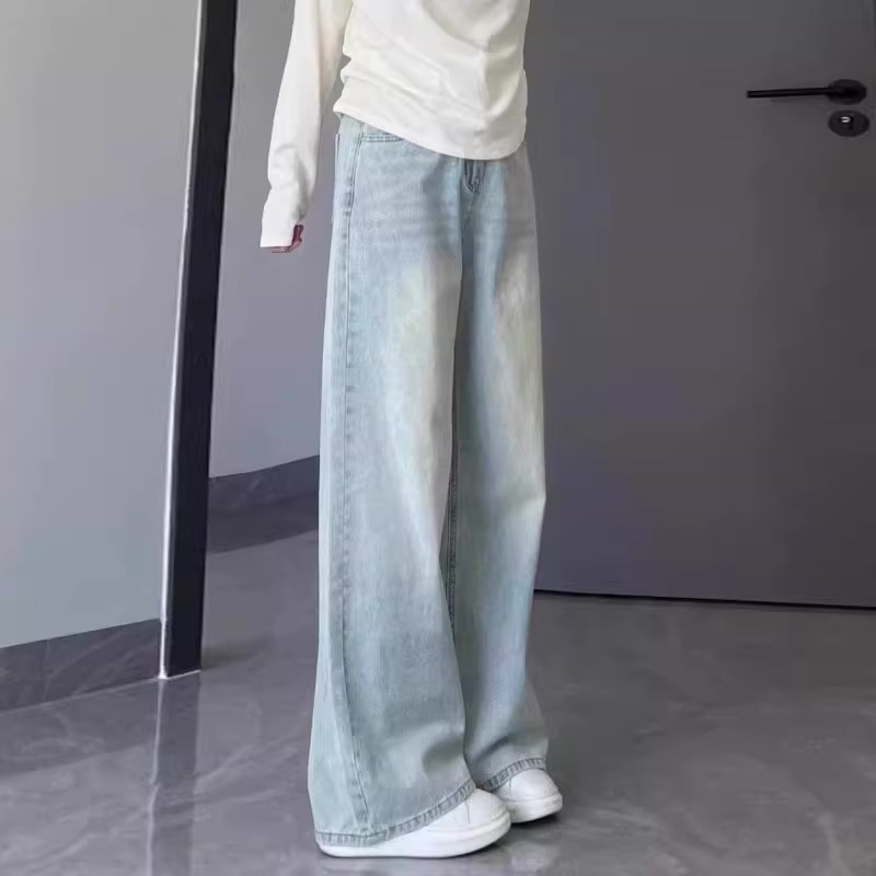 雪千羽浅蓝直筒阔腿牛仔裤女2025夏新款高腰小个子宽松垂感拖地裤