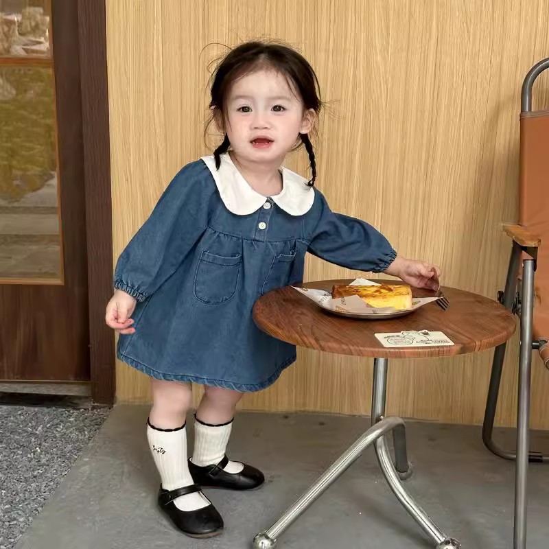 韩国童装春秋女小童长袖公主裙秋季纯色连衣裙时尚女童春季牛仔裙