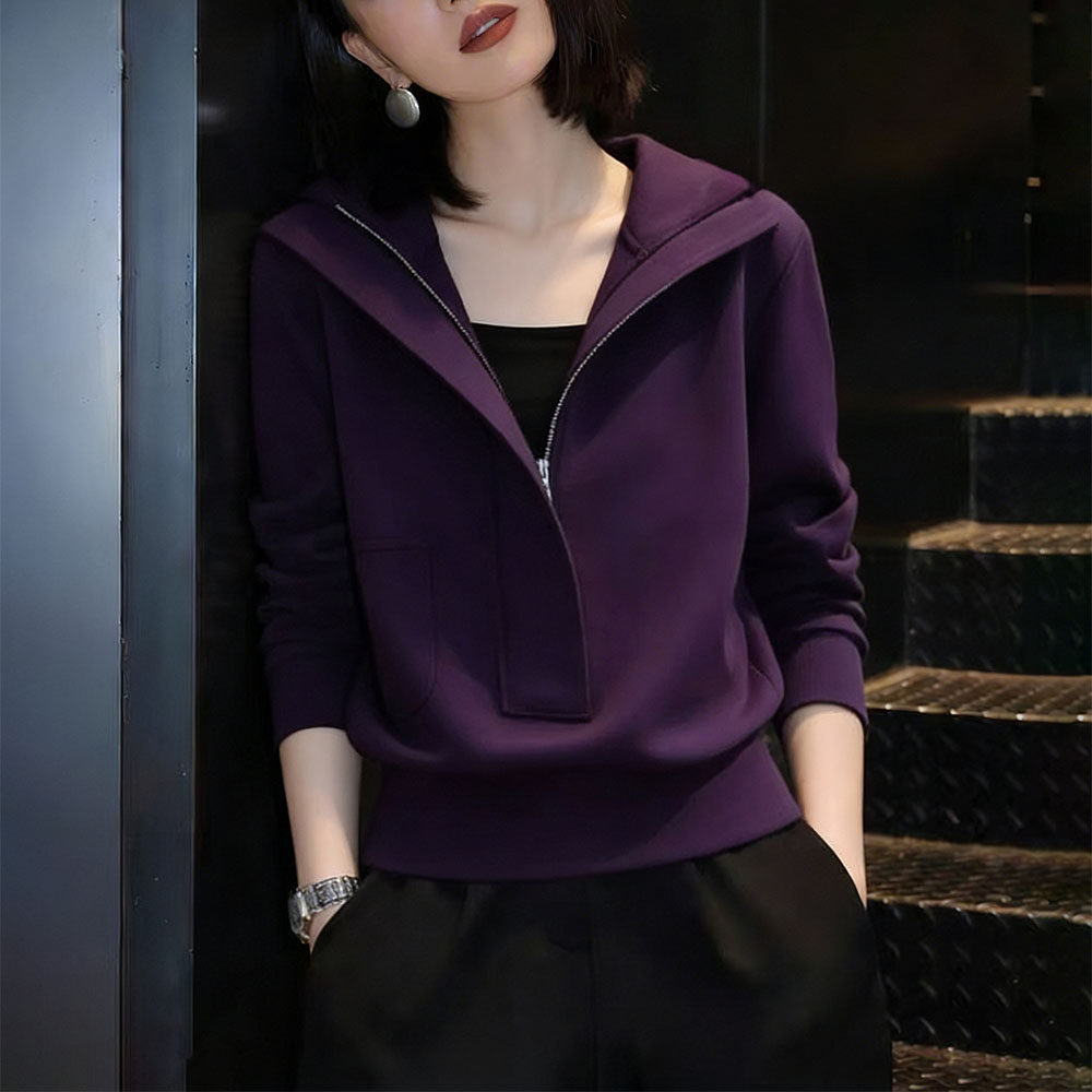 紫色立领卫衣女秋冬2025新款时尚洋气减龄宽松显瘦半拉链打底上衣