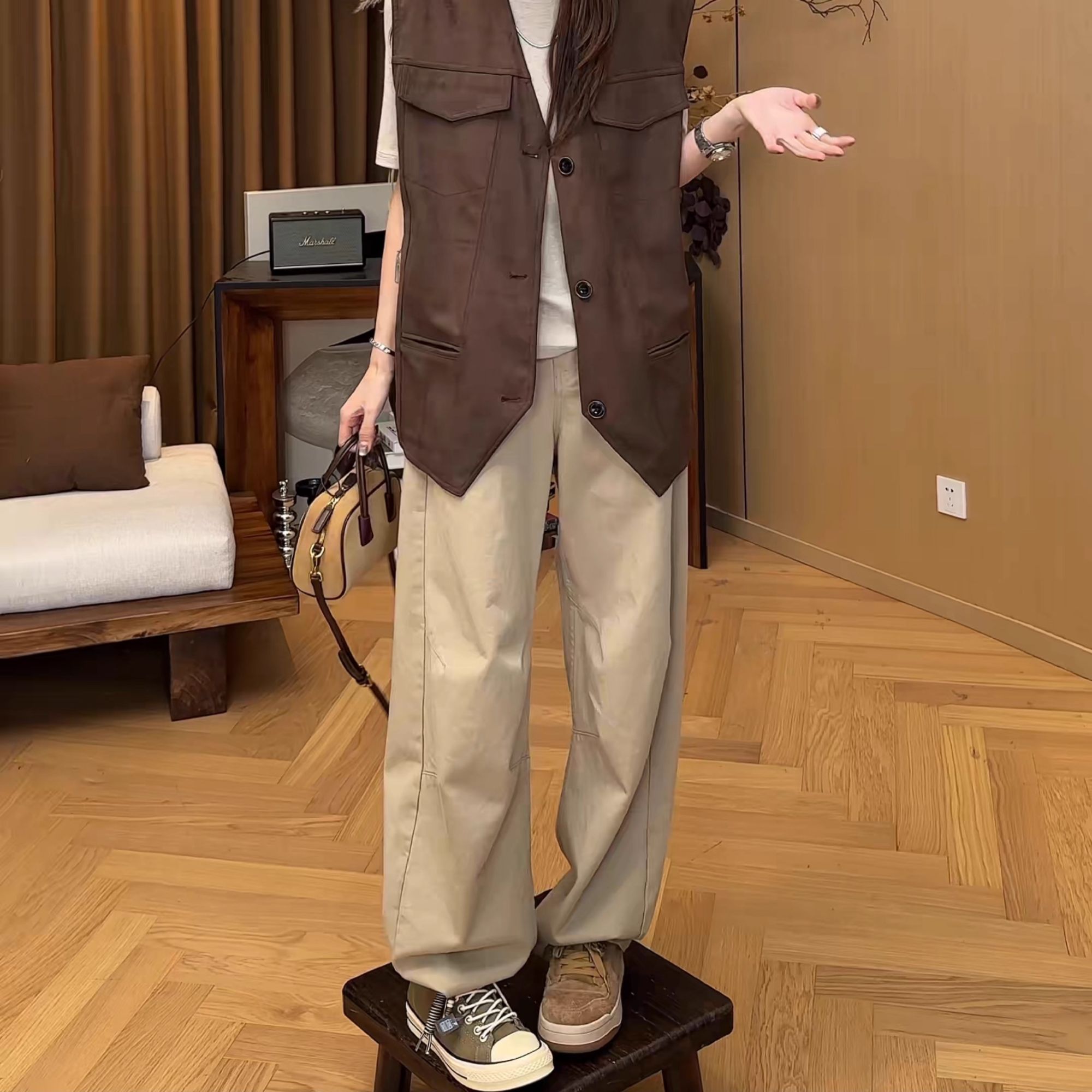 美式工装休闲裤女2025秋季新款大码梨形身材宽松显瘦松弛感阔腿裤