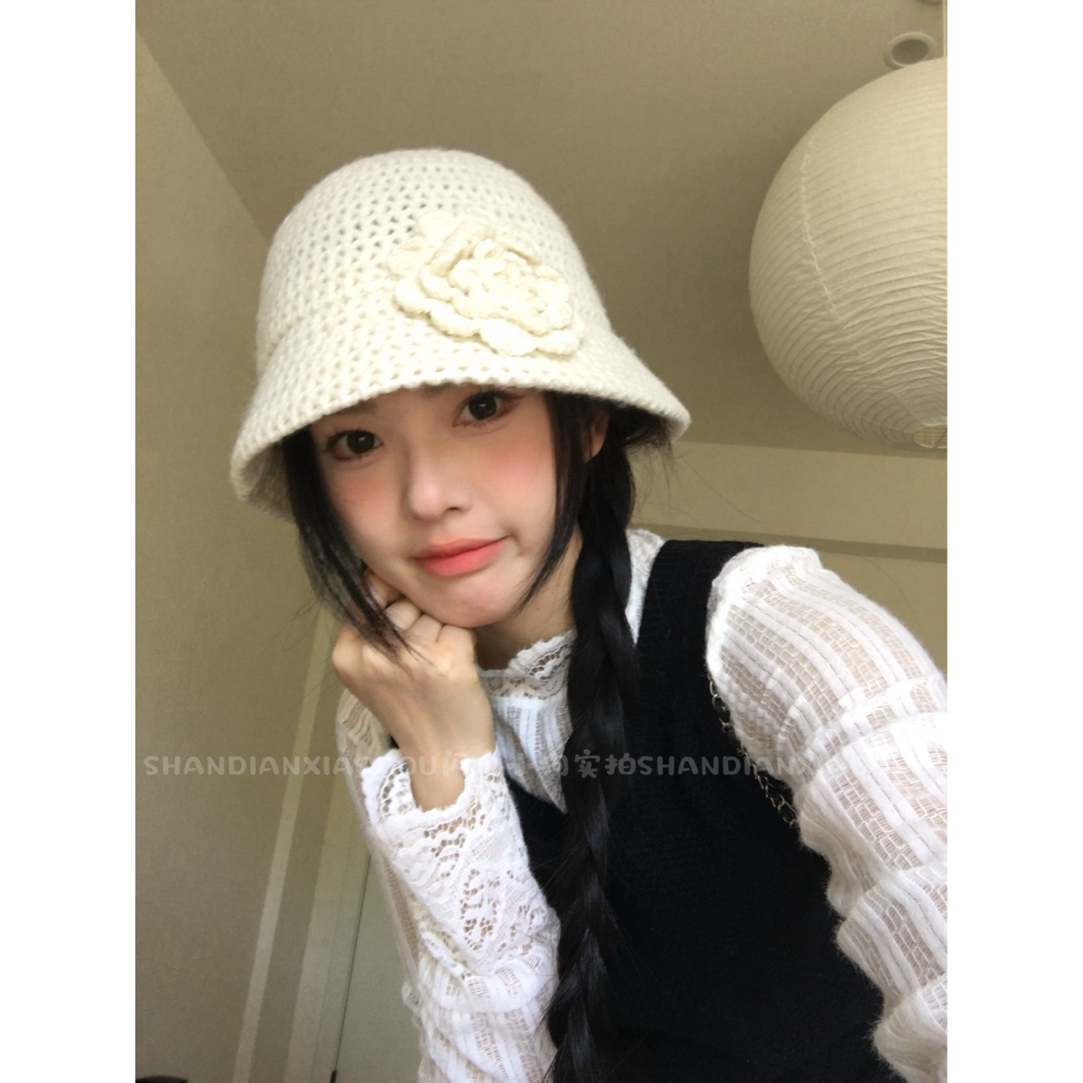 清冷小白花*ins网红帽子花朵针织平滑扣款秋冬百搭圆顶渔夫帽