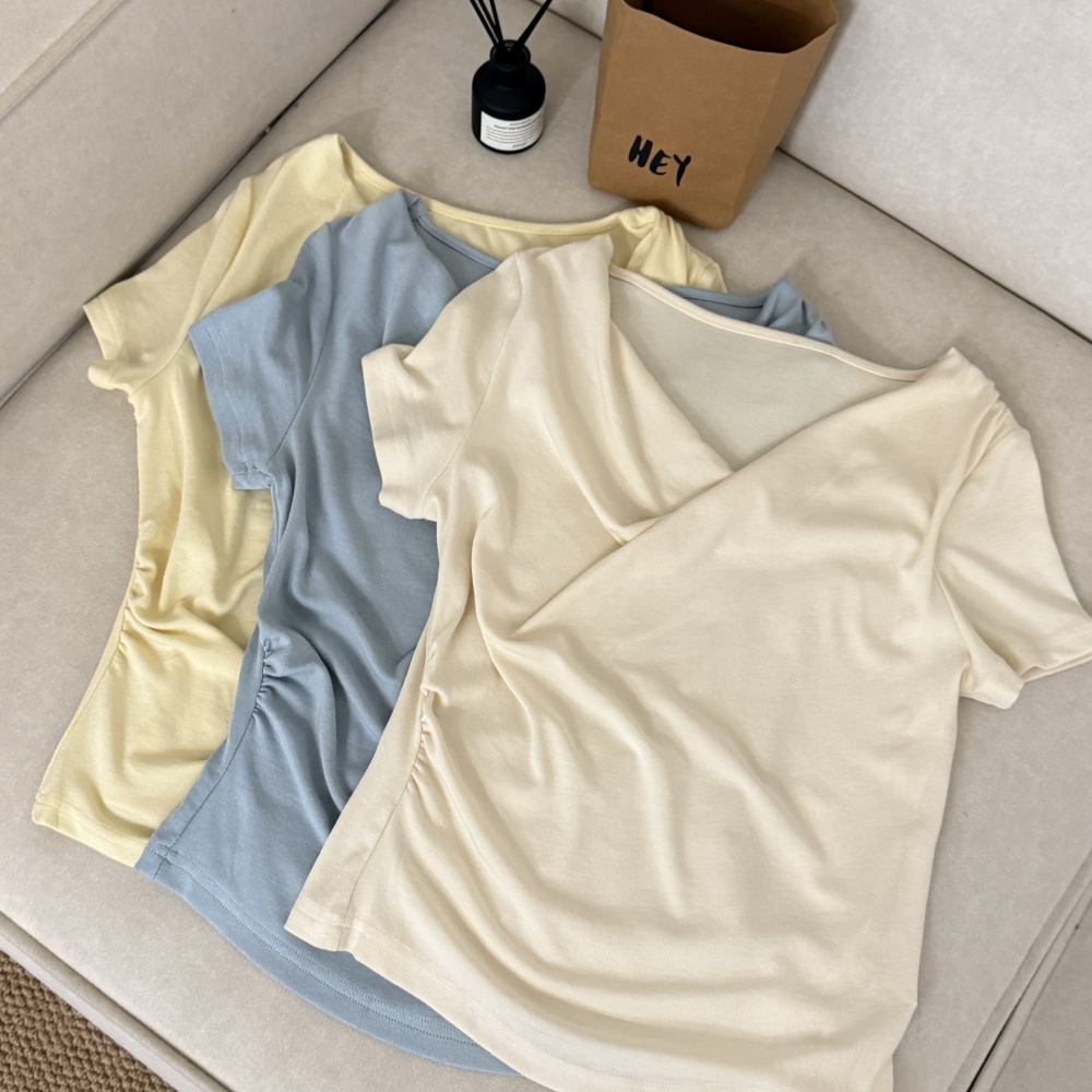 大妍小个子夏季韩系简约纯色百搭设计感短袖T恤8863