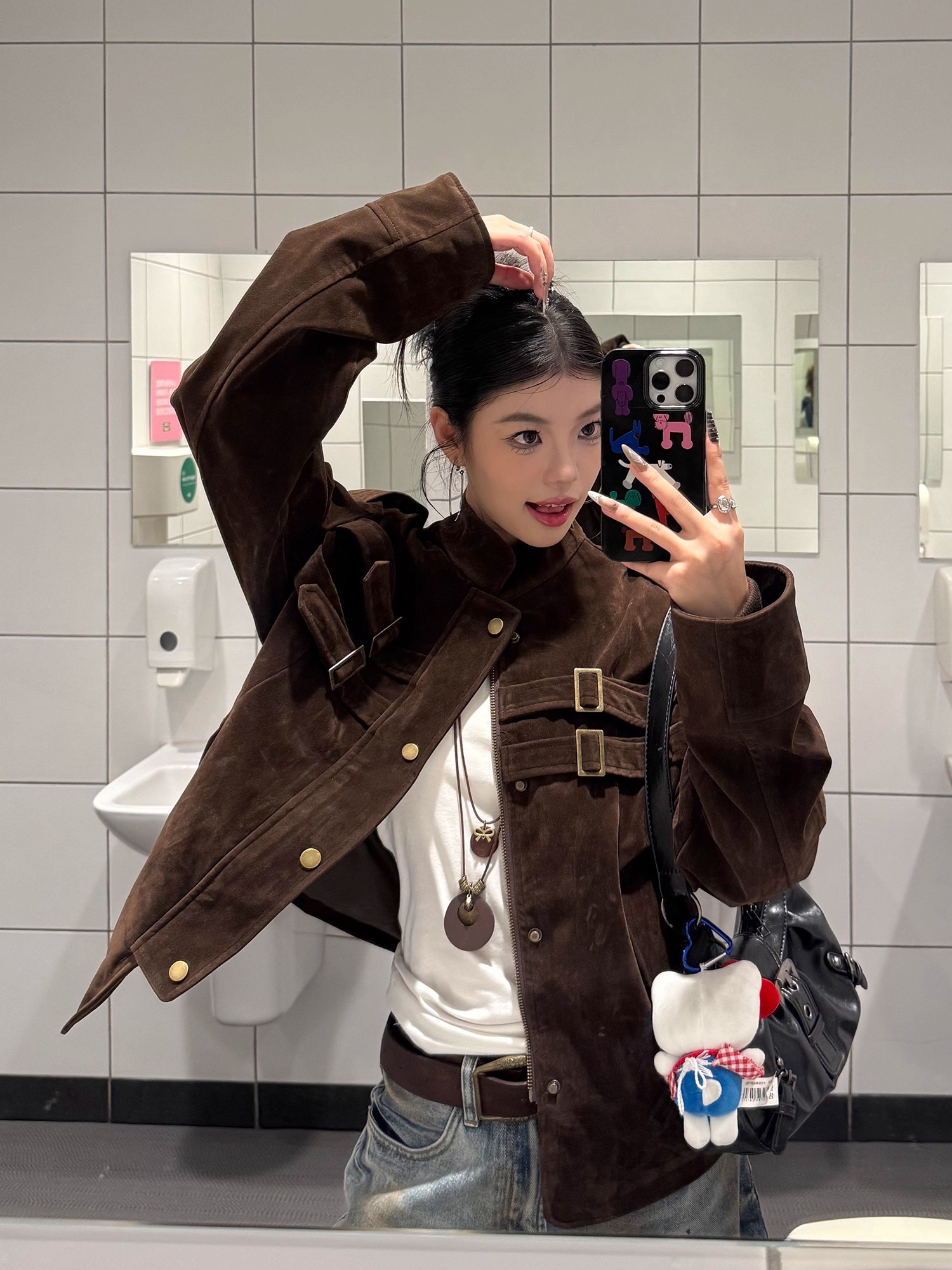 美式cleanfit拼接设计仿麂皮高级感夹克男女短宽早秋外套