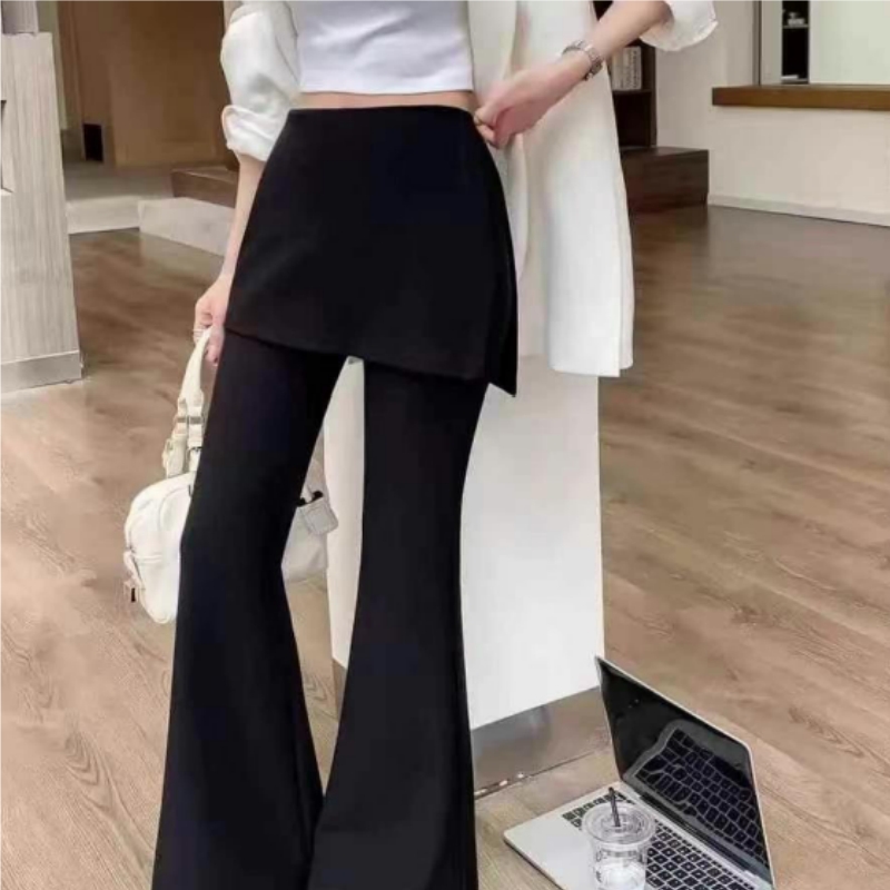 2026秋冬加绒不规则假两件微喇裤女胖mm梨形屁帘遮跨显瘦休闲长裤