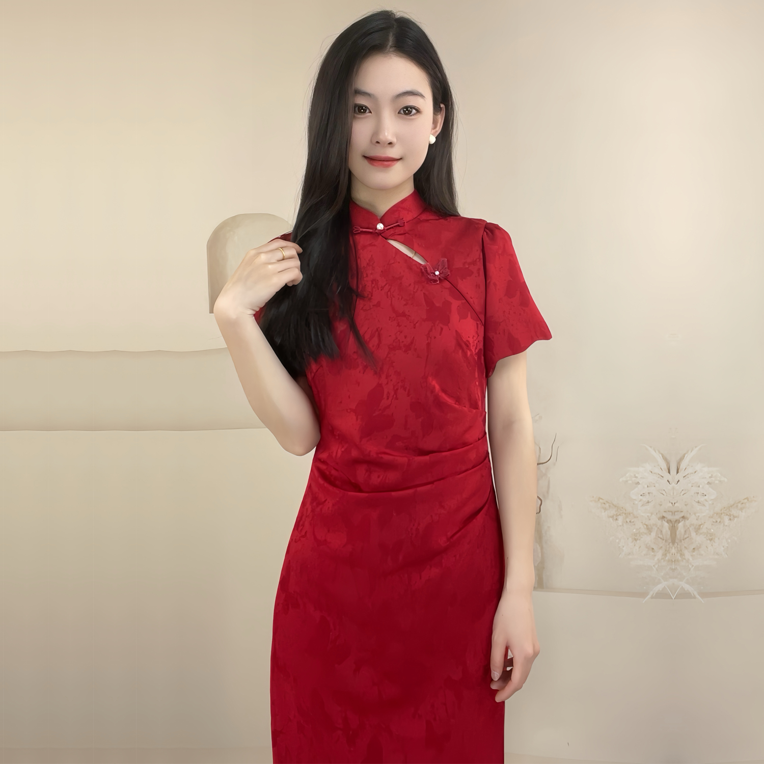 秋季红色中国风改良新中式褶皱旗袍年轻订婚结婚敬酒新娘回门礼服