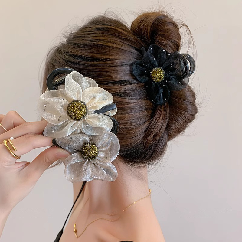 气质网纱水钻花朵太阳花抓夹8厘米马尾丸子头抓夹鲨鱼夹百搭头饰