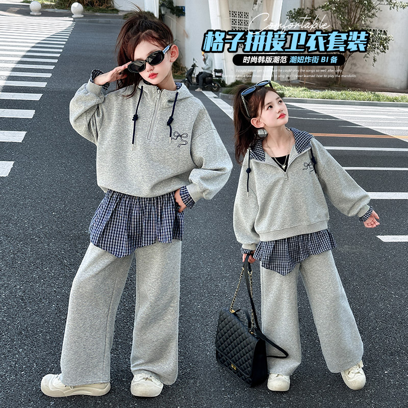 女童春秋装休闲时尚套装女孩拼接假两件卫衣卫裤两件套洋气中大童