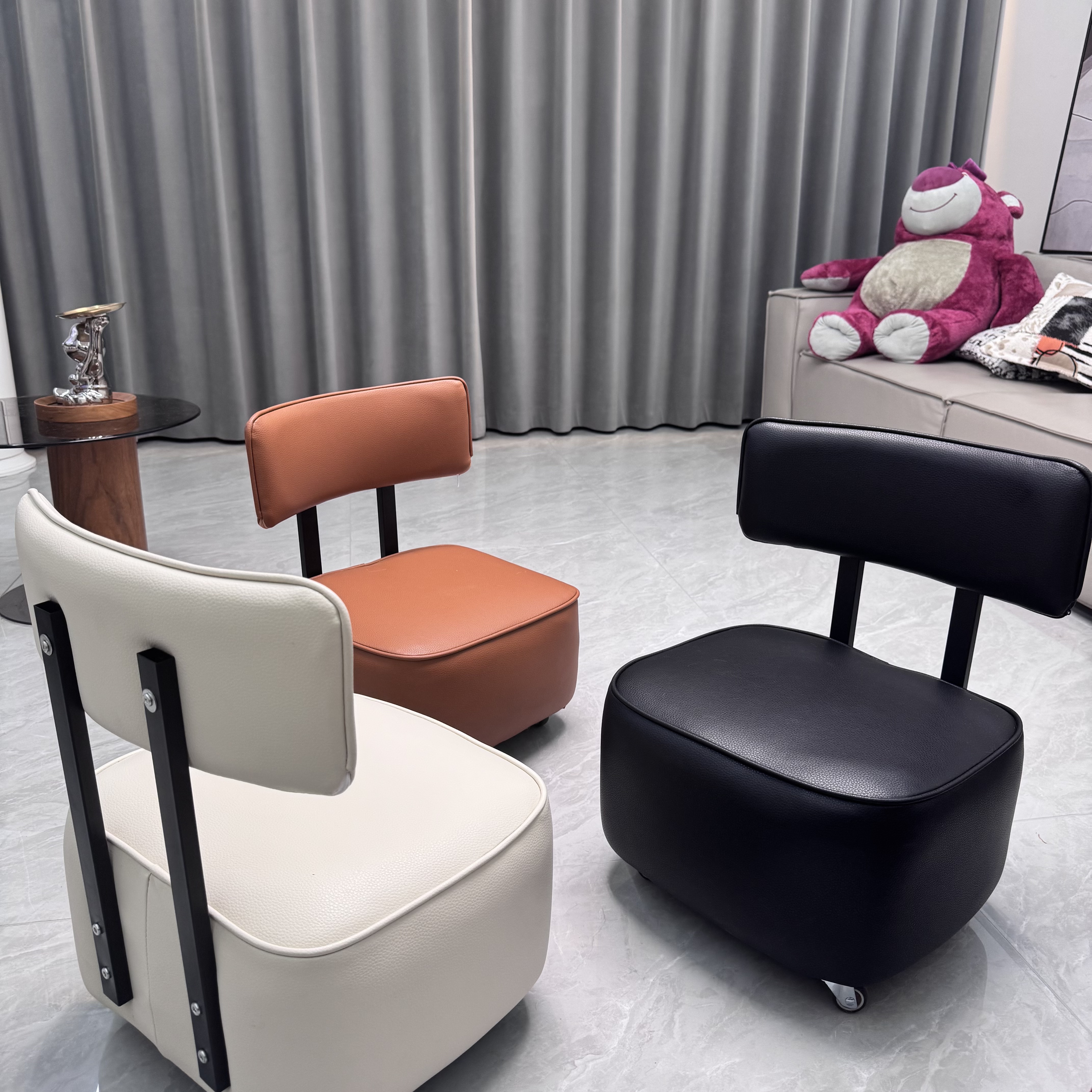 复古轻奢风生态皮溜溜凳换鞋凳万能客厅沙发凳旋转静音移动小凳子