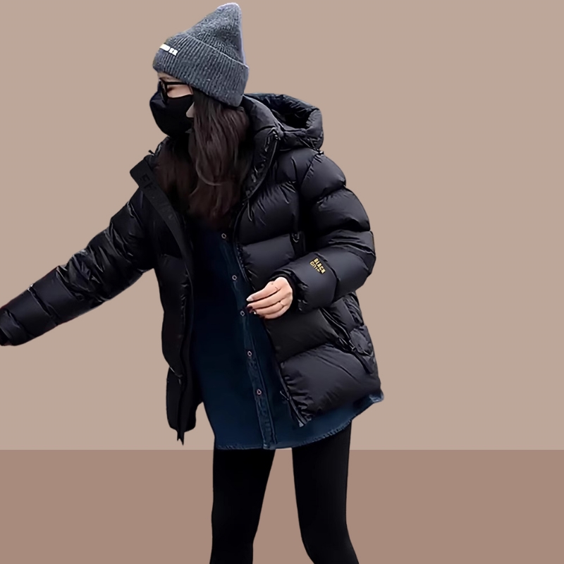 黑金棉服加厚保暖连帽外套女2025冬季小个子时尚百搭短款面包服潮