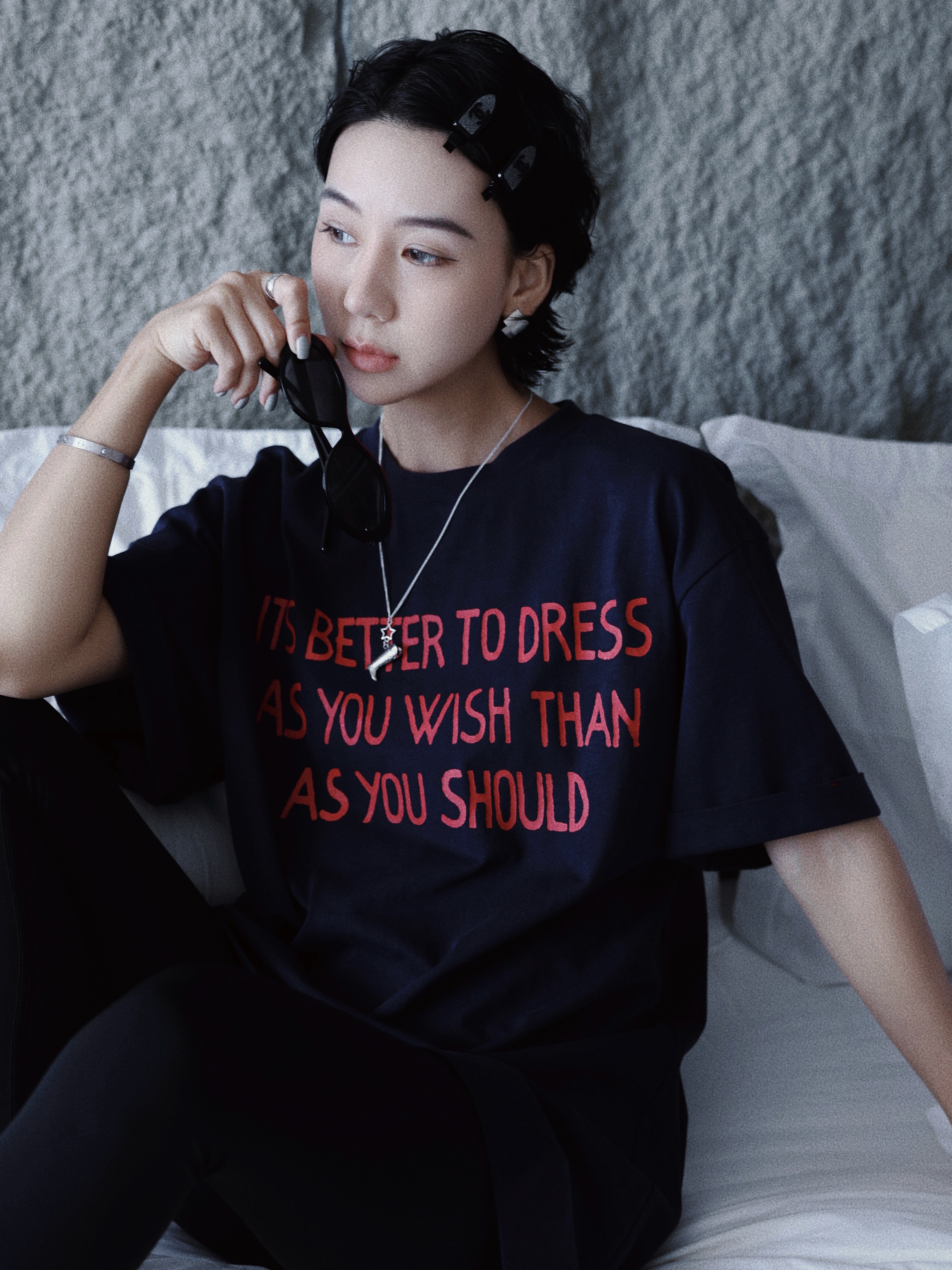 TT设计师【自我主张】日系高级感重磅纯棉字母印花袖T恤TT190393