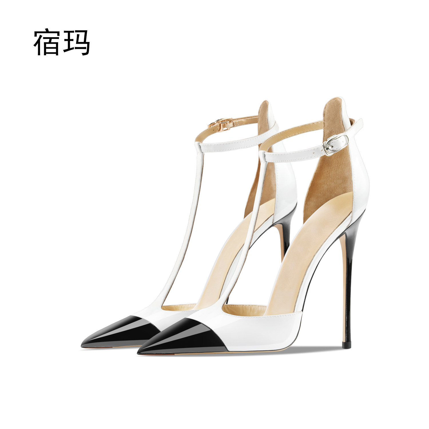 拼接白色漆皮高跟凉鞋2025年春季新款女细跟浅口尖头真皮透气单鞋