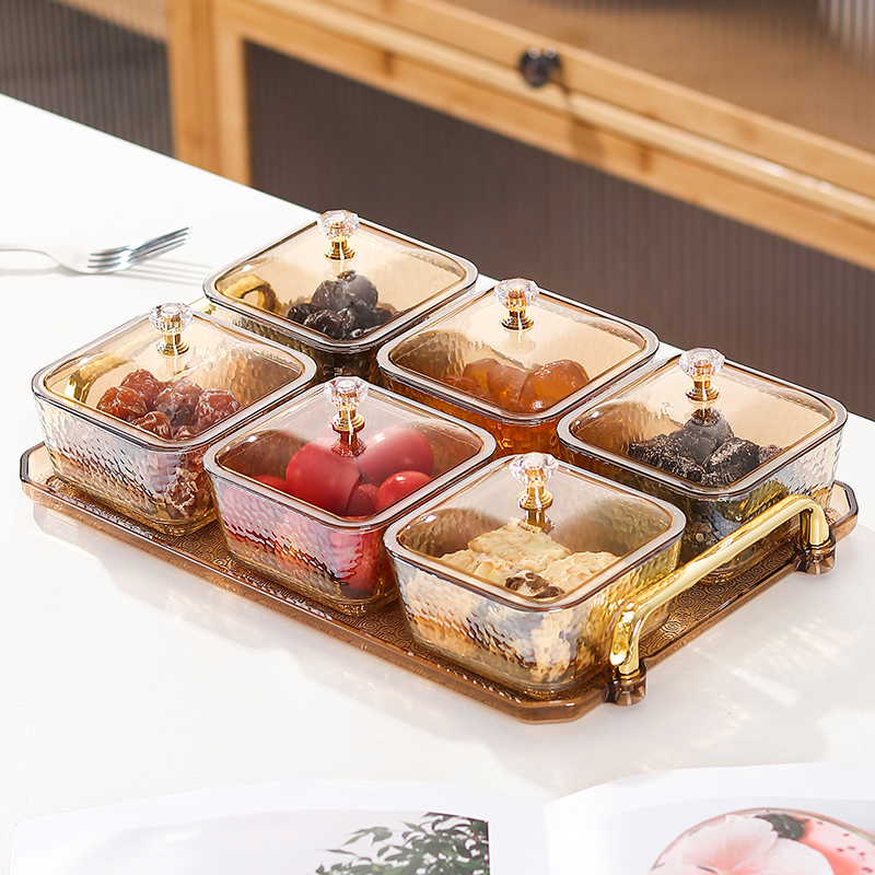 家用玻璃带盖零食盒网红轻奢家用欧式方形分格简约创意