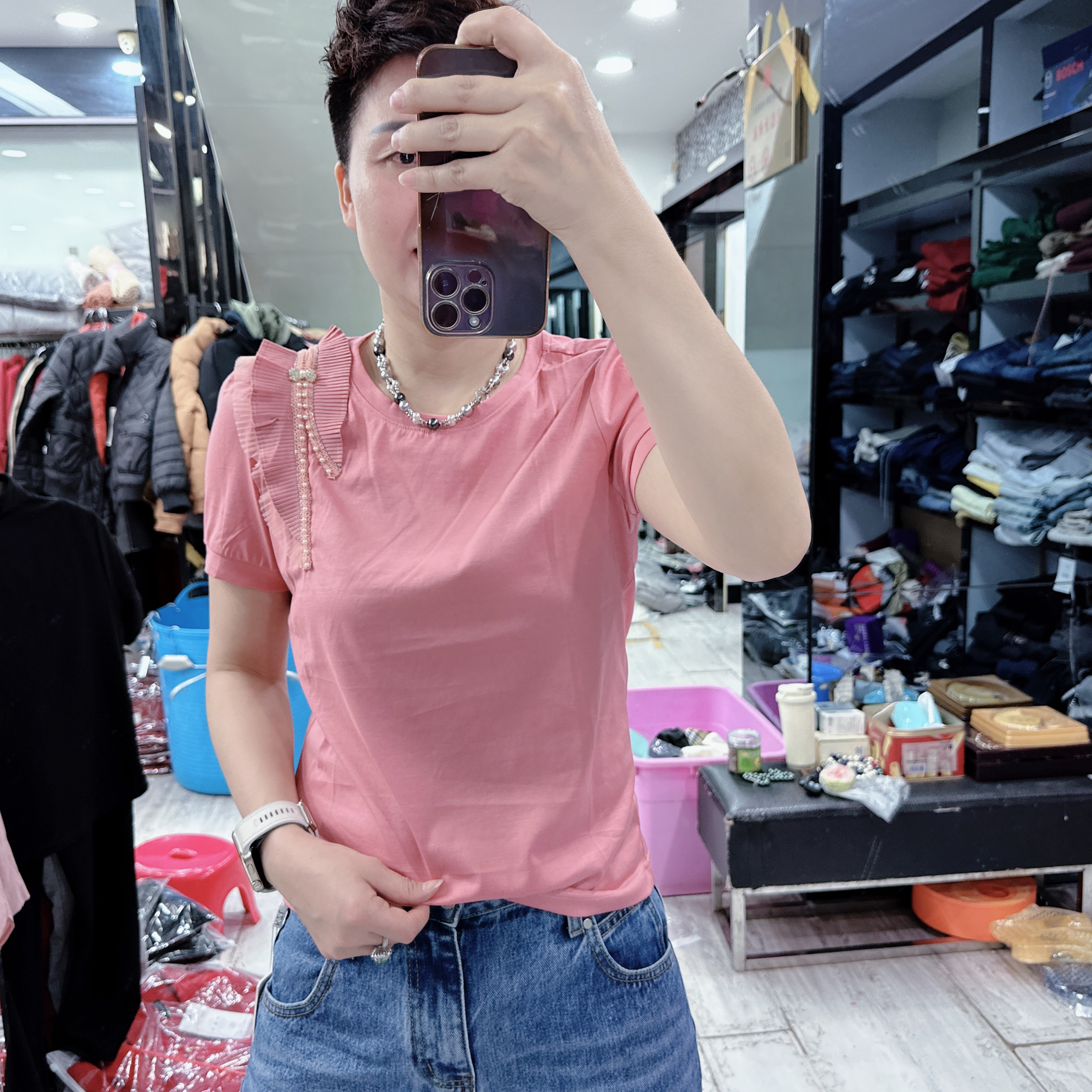 韩货高级丝光棉冰凉5色单边蕾丝上衣8566品