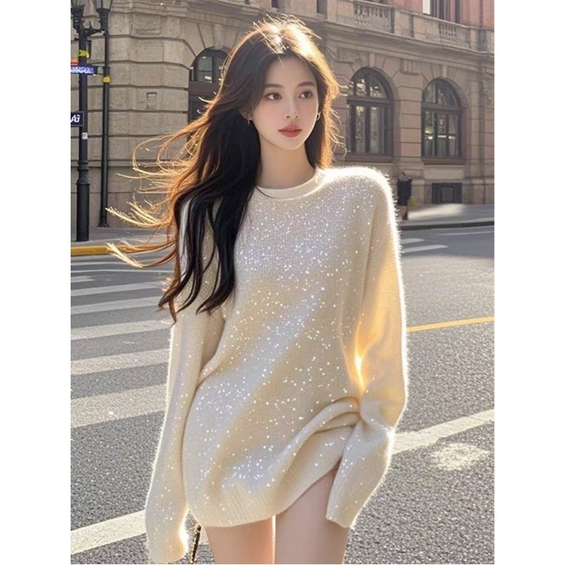 设计感小众圆领秋季中长款针织上衣新款宽松亮片毛衣气质时尚女