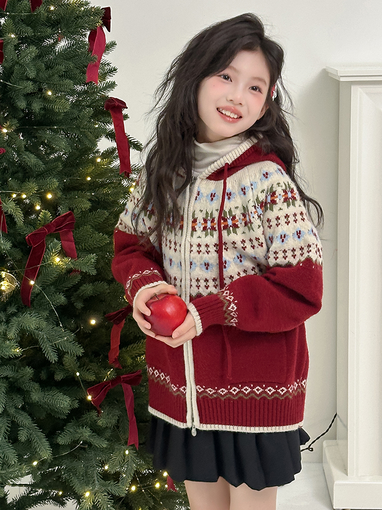 MK&DK女童毛衣冬2025新款洋气儿童超好看红色拉链针织衫毛线衣服