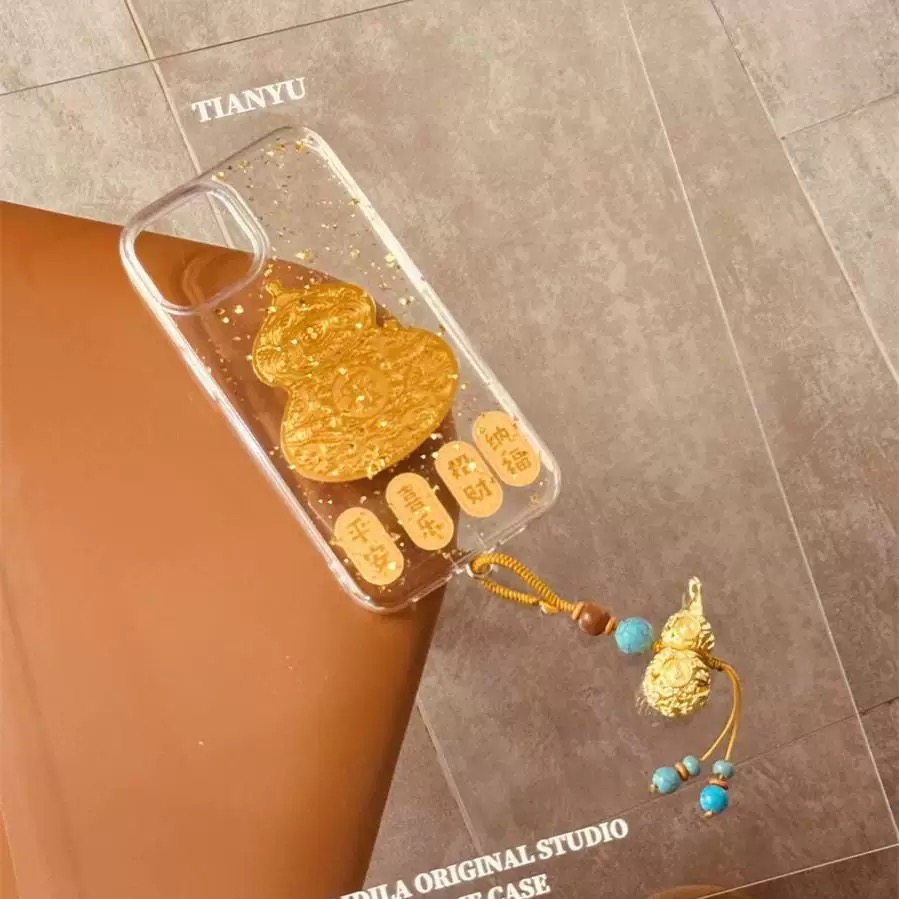 2025新年金色葫芦挂坠适用iphone16pro手机壳苹果15新款14pro国风