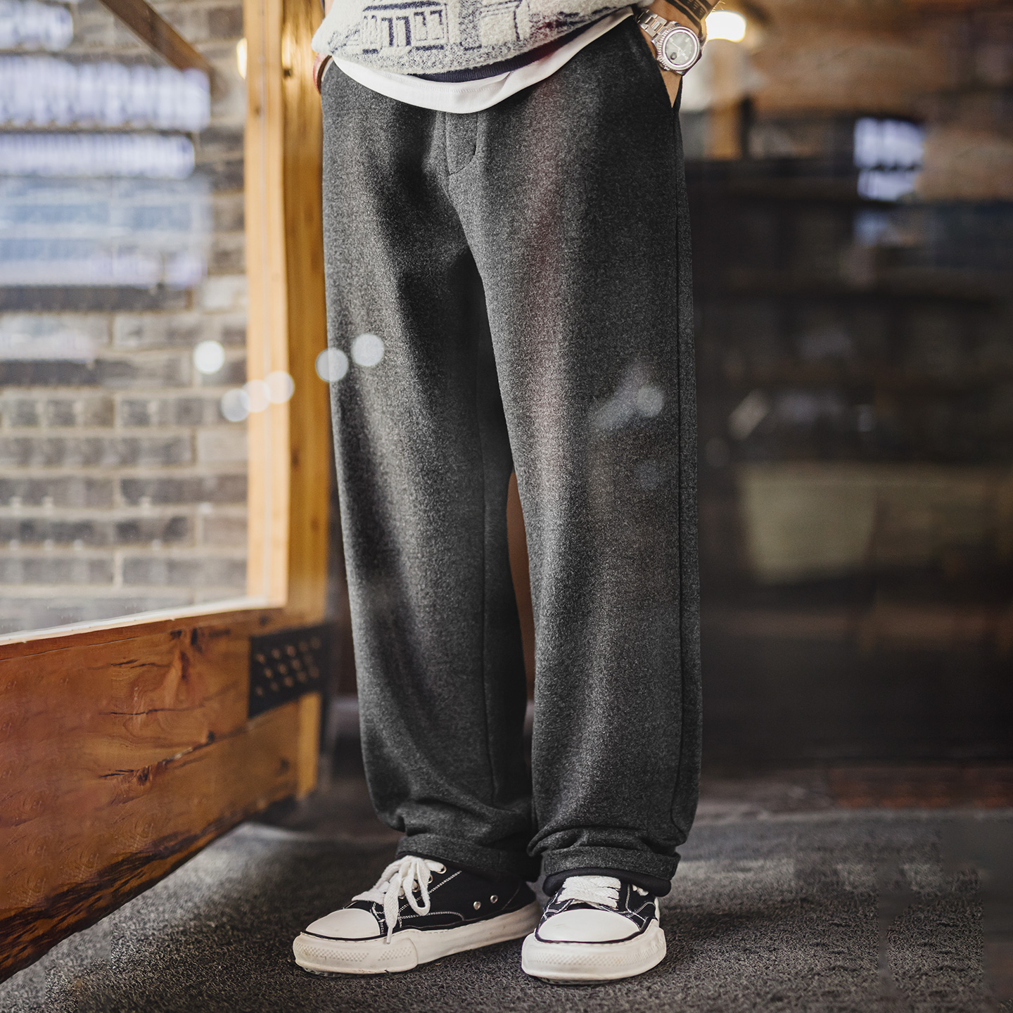 马登工装美式灰黑色毛呢老钱风直筒休闲裤垂坠感长裤子男秋冬