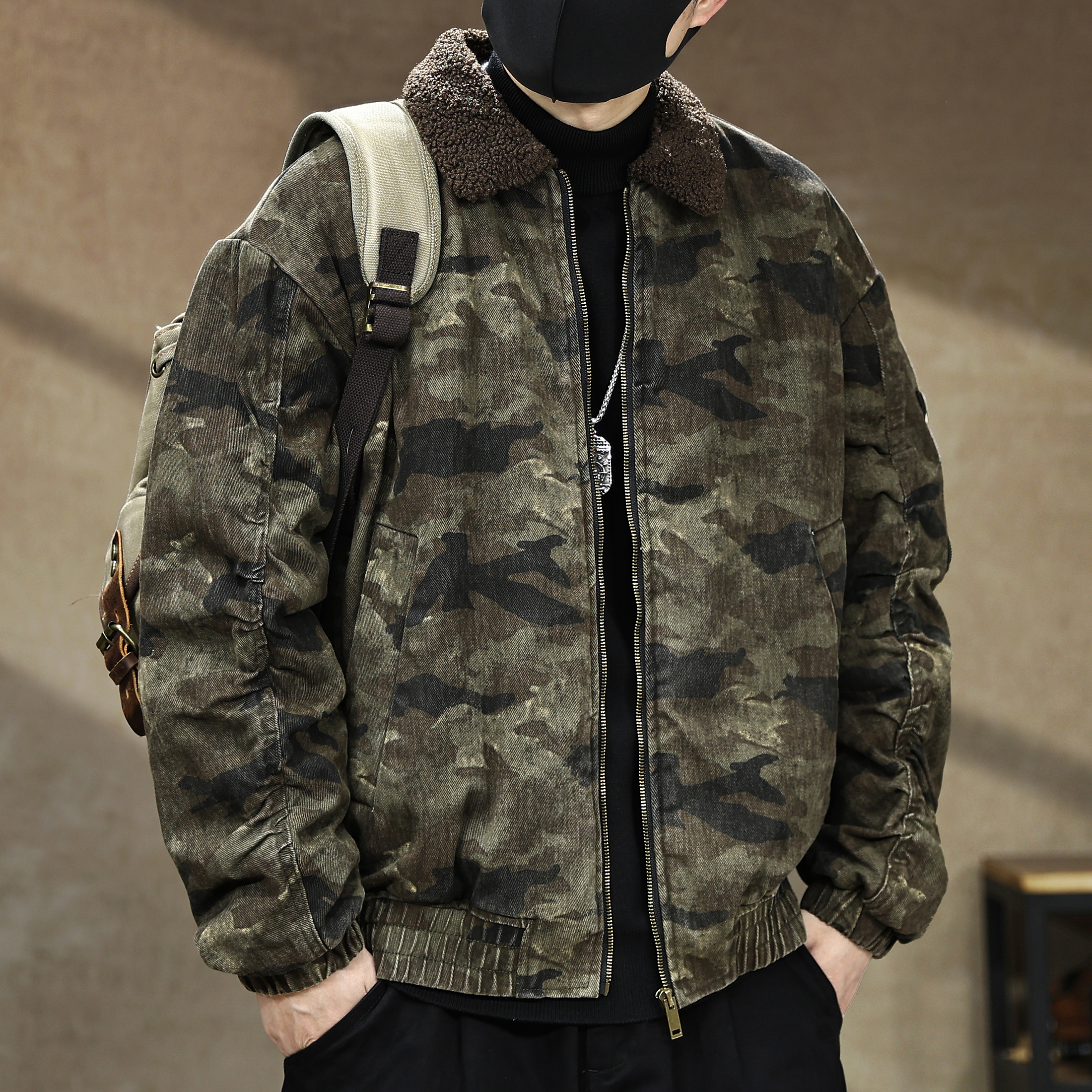 美式复古羊羔绒短款迷彩棉服男秋冬新款户外翻领夹克男士棉衣外套