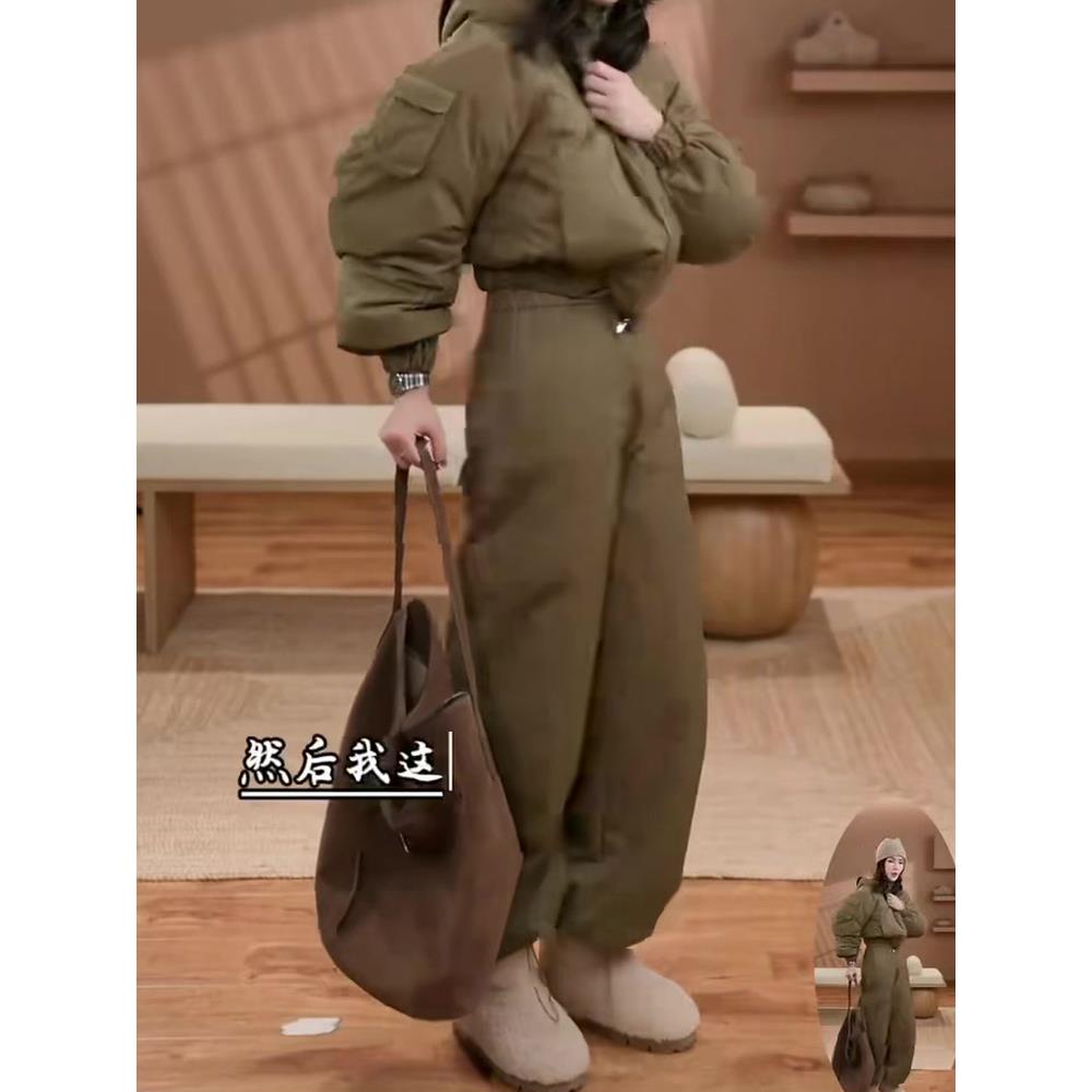 休闲时尚洋气套装女2025冬季新款服短外套 高腰束脚裤保暖两件