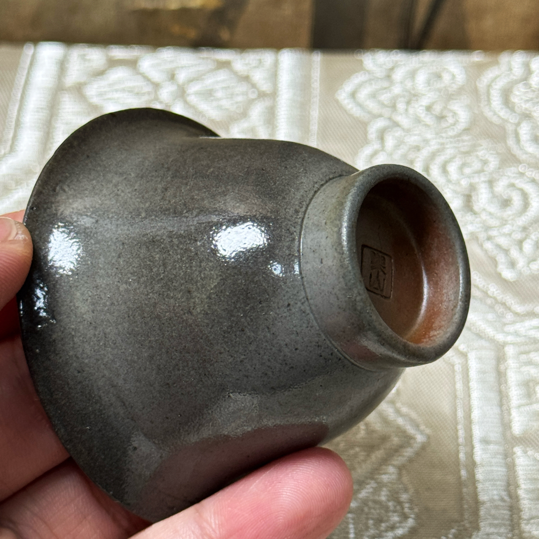 霜蓝·二代藤原乐山（三鬼才）·日本作家器·备前烧·青备前·柴烧·茶杯