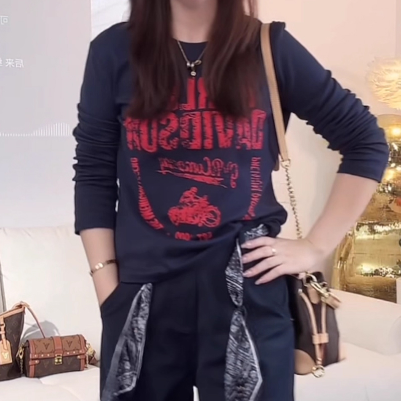 2025秋季新款韩版时尚印花百搭圆领长袖T恤女宽松显瘦打底衫上衣