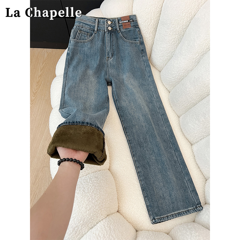 拉夏贝尔复古直筒牛仔裤女秋冬加绒胖妹妹mm高腰宽松显瘦阔腿裤子