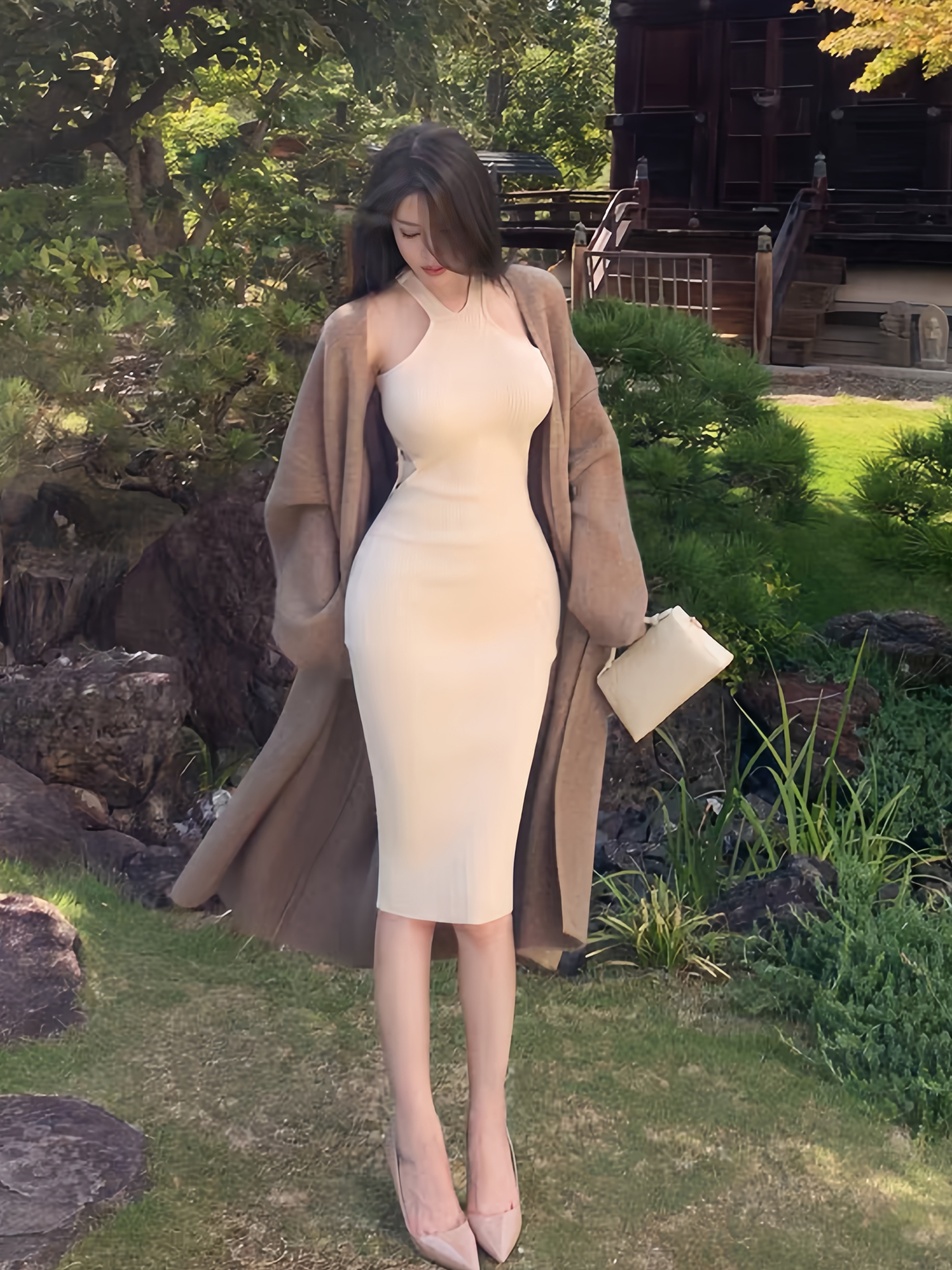 【人间香榭】慵懒风长款毛衣开衫女镂空设计掐腰挂脖连衣短裙两件套