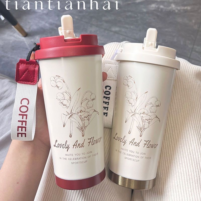 新款铃花咖啡杯316不锈钢高颜值吸管水杯便携可爱保温杯夏季保冷
