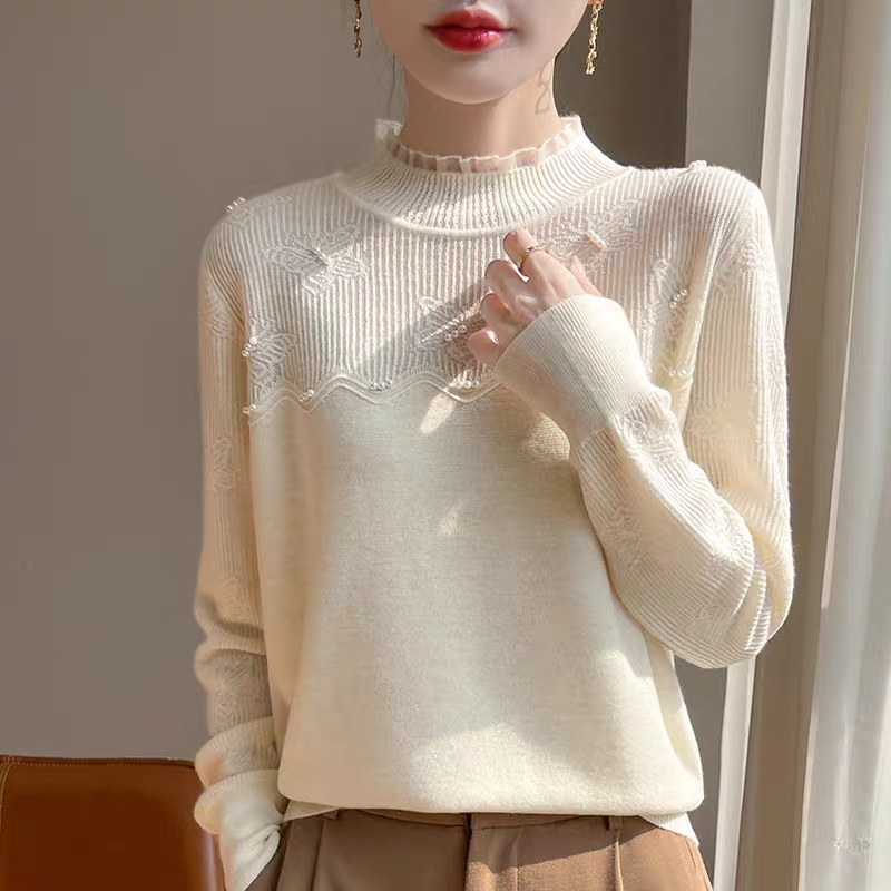半高领洋气钉珠蕾丝打底衫时尚百搭长袖镂空宽松针织衫套头上衣