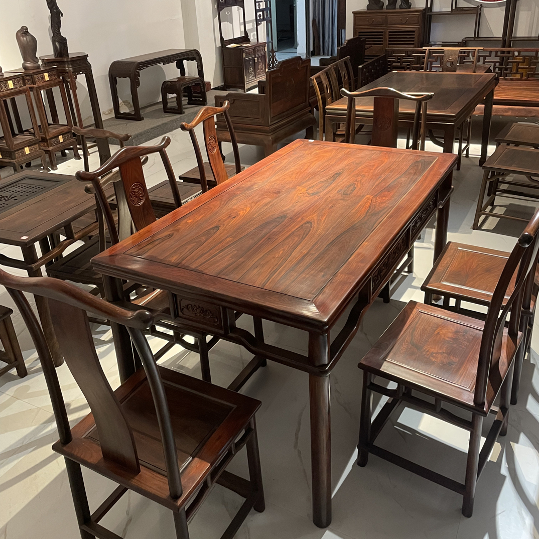 大红酸枝长方形餐桌七件套