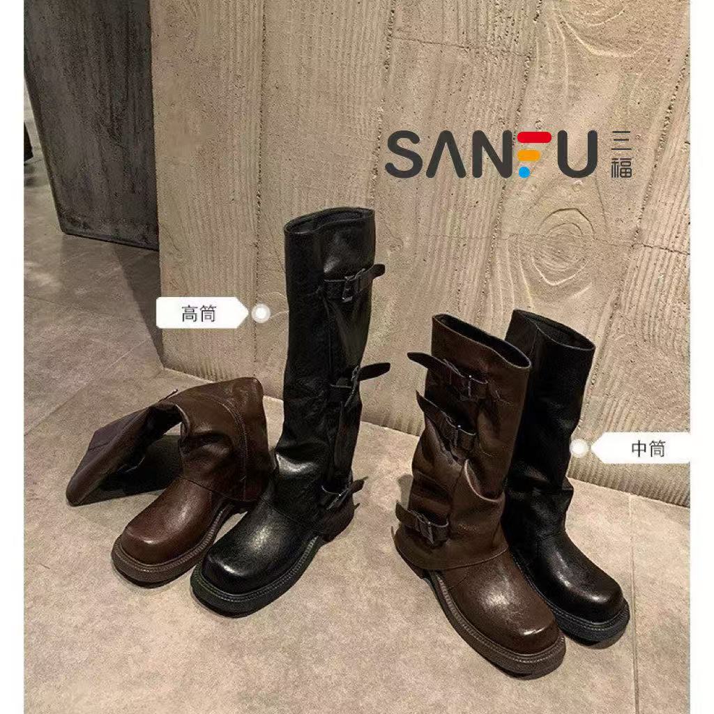 三福美拉德中筒马丁靴女2025短靴褶皱堆堆裤管靴粗跟高筒骑士长靴