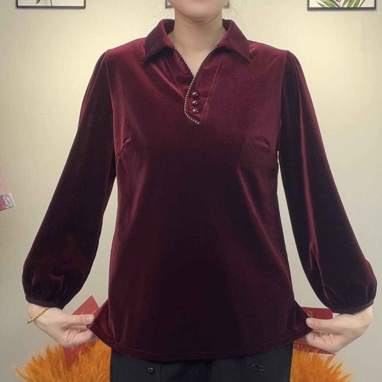 秋季新款丝绒小衫三粒扣翻领时尚百搭显瘦气质长袖