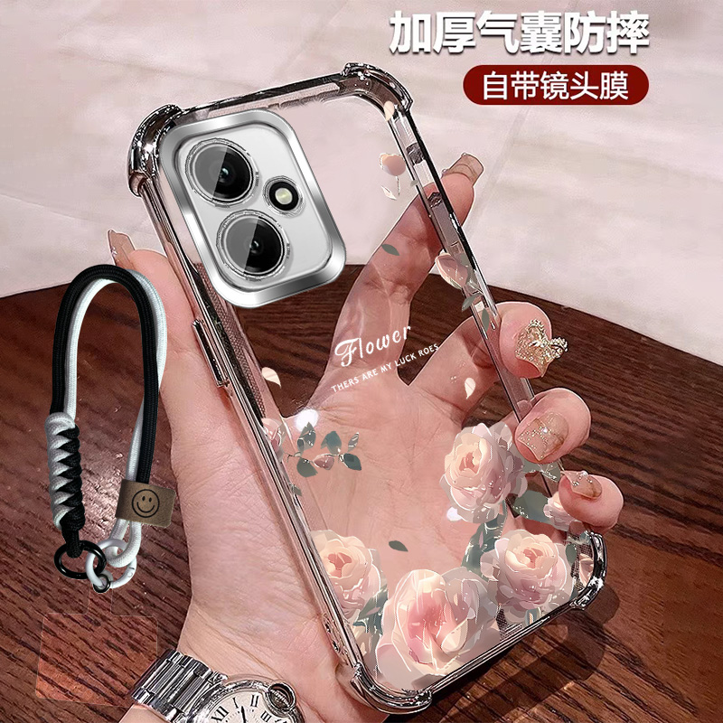 适用荣耀400手机壳高颜值硅胶玫瑰花四角防摔透明400pro带镜头膜