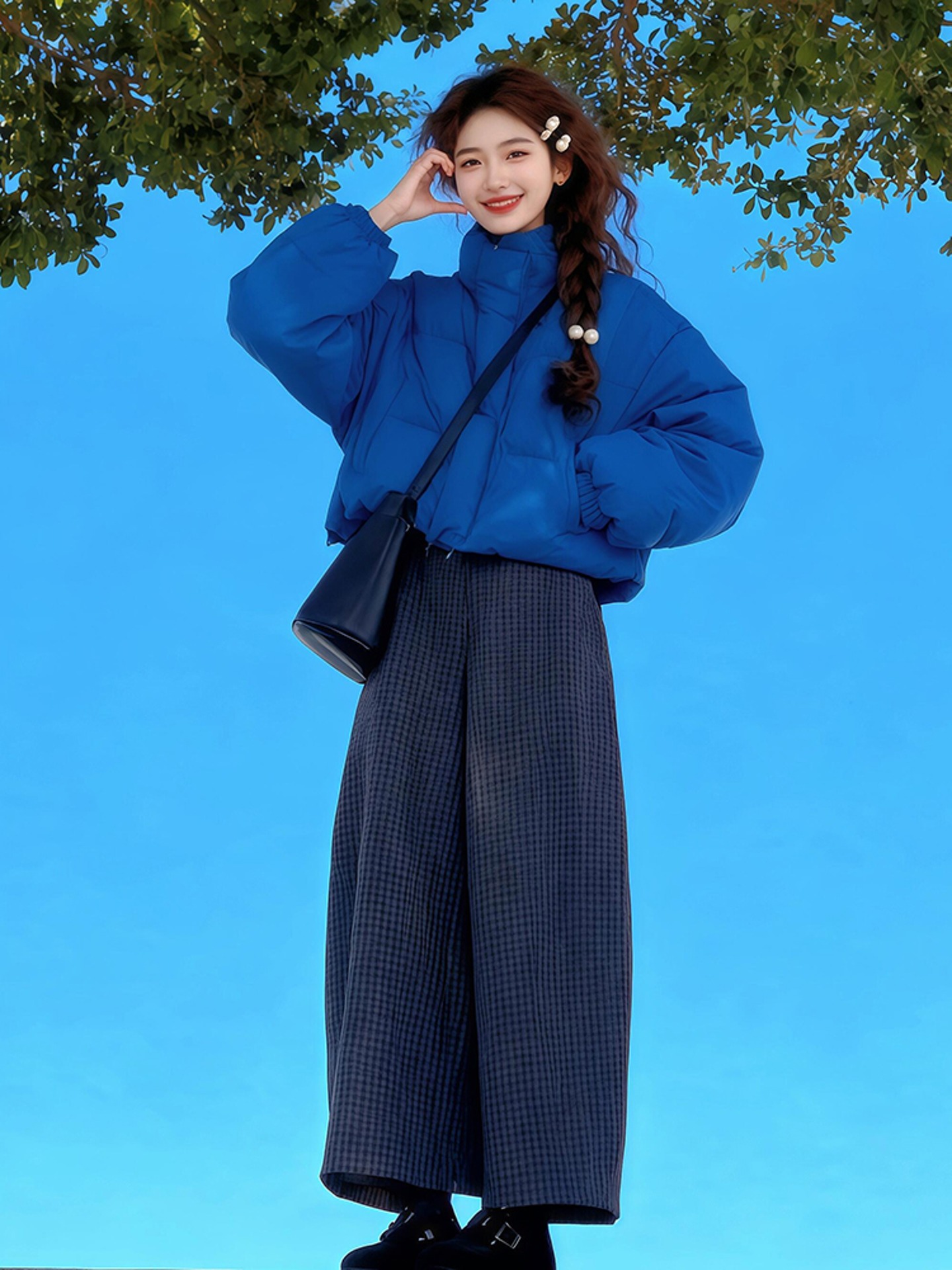 秋冬季穿搭一整套女装2025新款慵懒风蓝色棉服格纹休闲阔腿裤套装