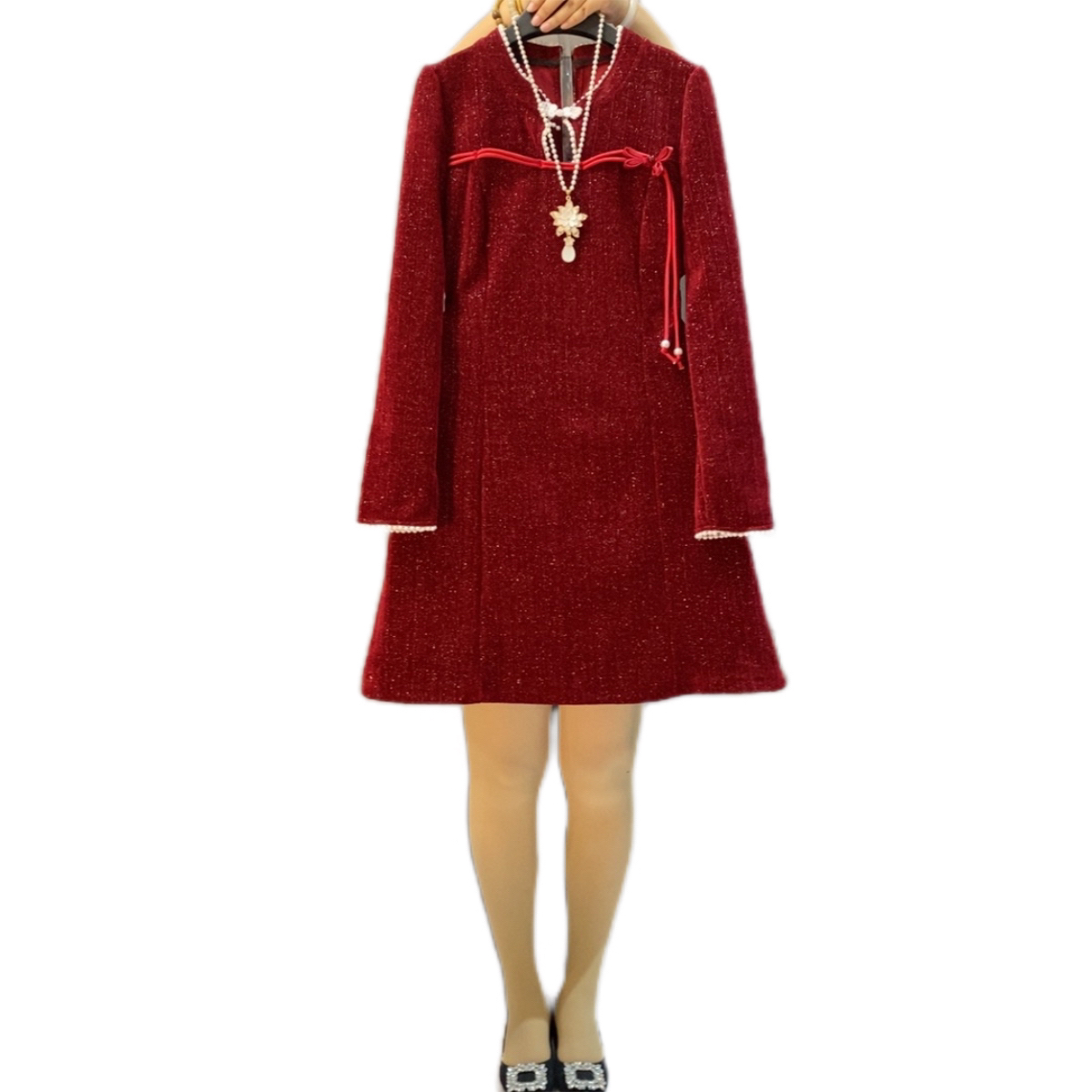 纯色花边盘扣长袖连衣裙秋冬新款大码女装显瘦遮肉气质胖妹妹裙子