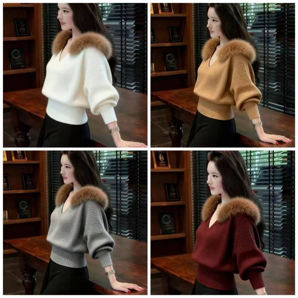 2025【爆款】新款秋冬时尚设计高级轻熟风洋气V领女套头毛领针织衫