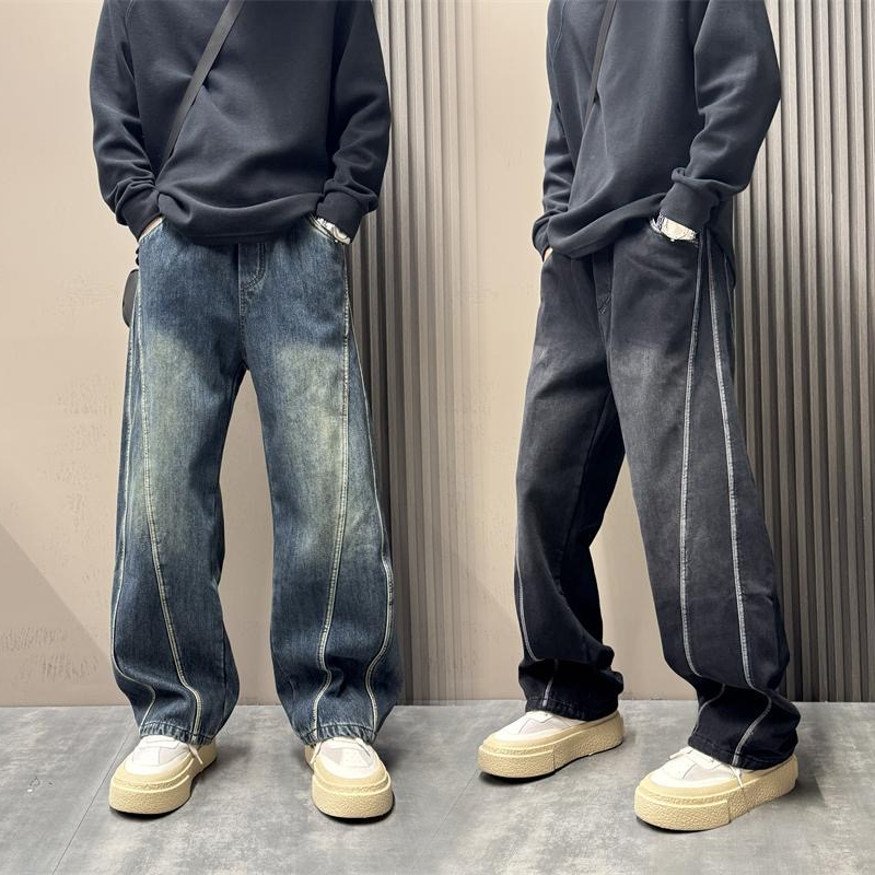 2025秋冬新款潮流设计感拼接加绒加厚直筒牛仔裤美式宽松阔腿裤