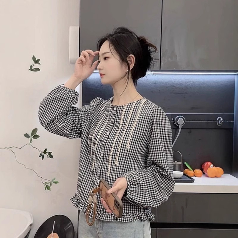 韩系圆领木耳边格子衬衫女2025春季新款小个子叠穿小衫长袖上衣潮