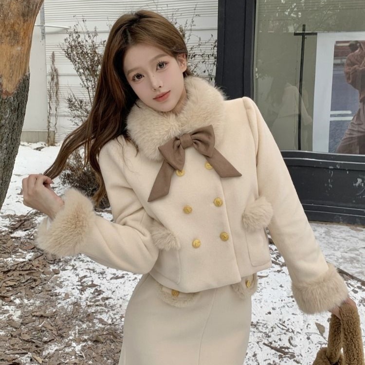 气质时尚毛呢千金小香风套装冬季新款羽绒拼接毛毛半身裙女两件套