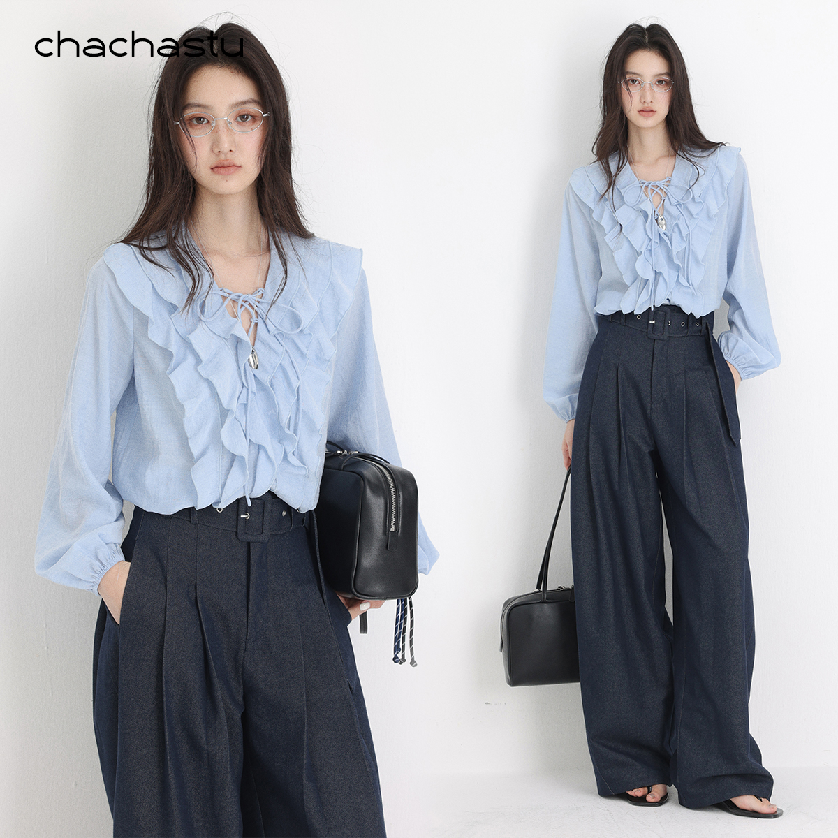CHACHASTU【迷雾蓝】极简荷叶涟漪设计 v领系带解构显瘦衬衫H4329W