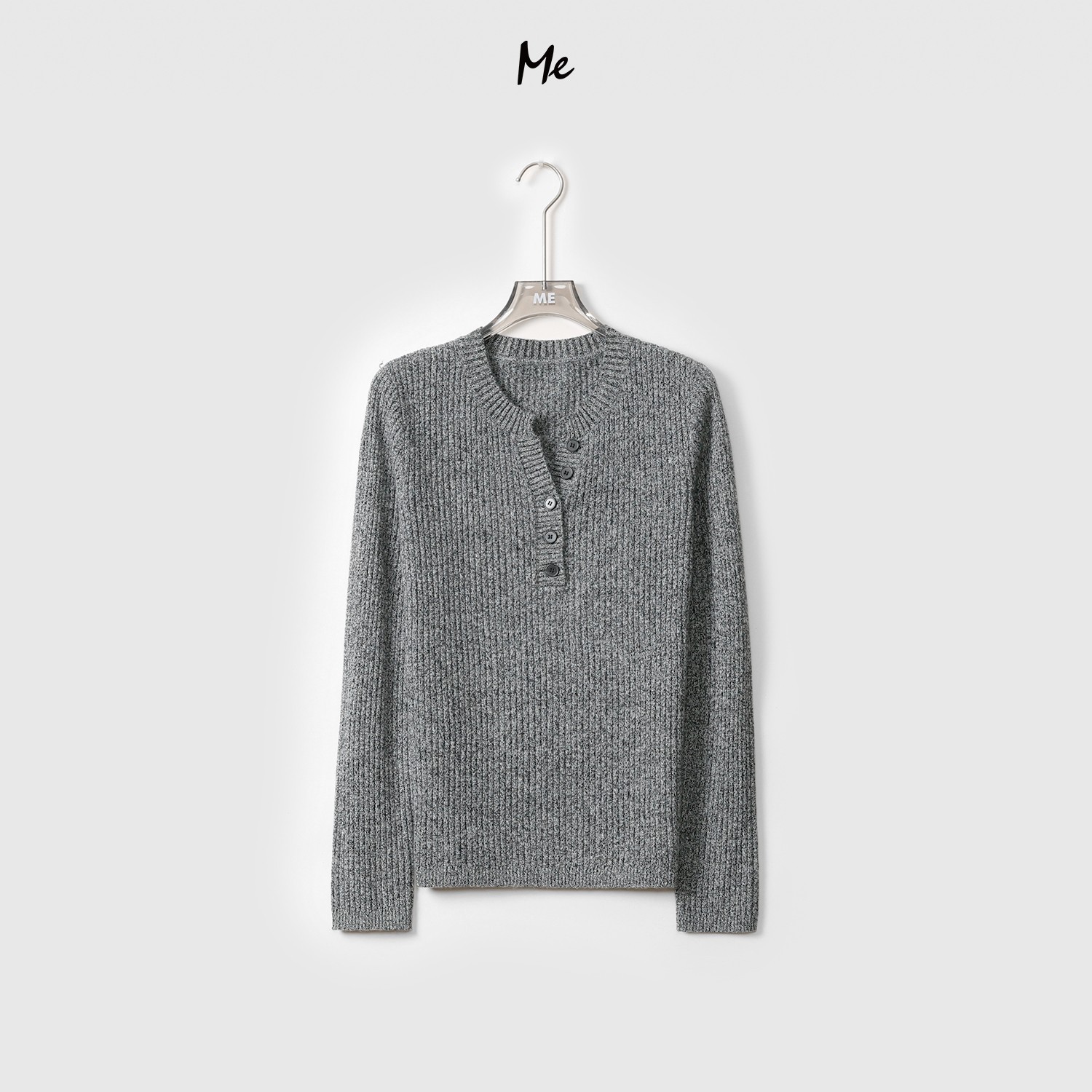 ME【亨利修身打底】100绵羊毛半开排扣门襟v领坑条针织毛衣MEQA3955
