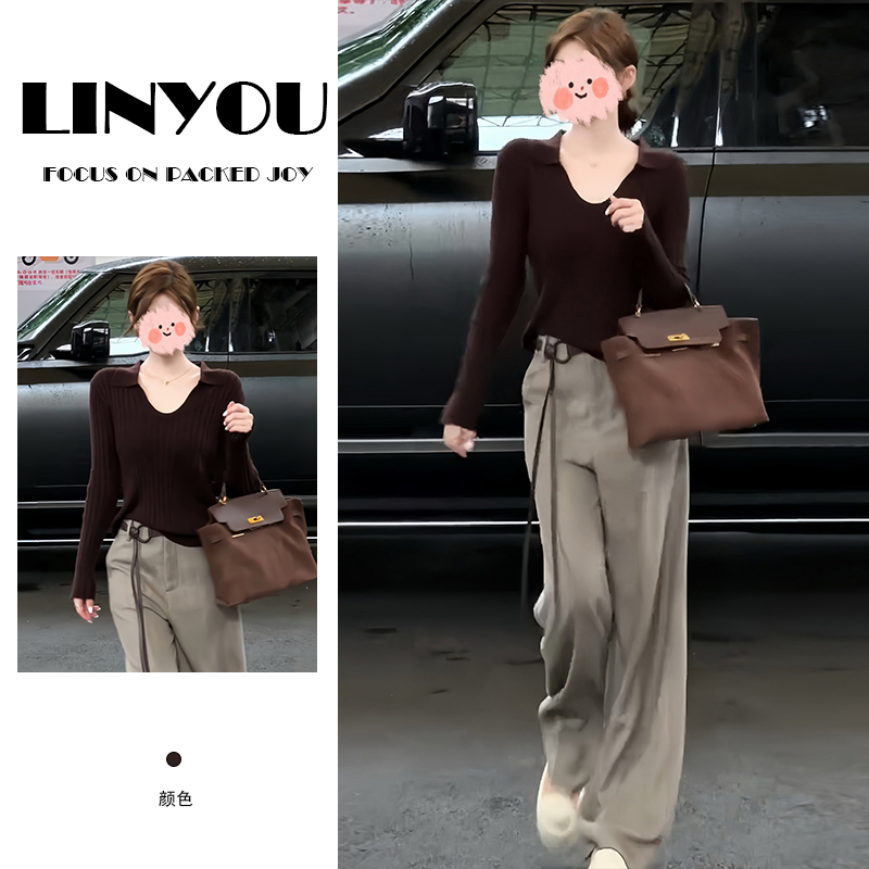 法式气质高级感v领长袖针织衫女春秋季新款时尚显瘦阔腿裤两件套