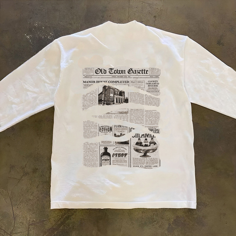 纯棉重磅时尚美式嘻哈男款上衣潮牌百搭报纸印花圆领螺口长袖T恤
