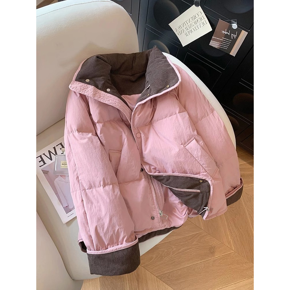 高级感灯芯绒撞色拼接立领棉服女2025秋冬季韩系加厚保暖夹棉外套