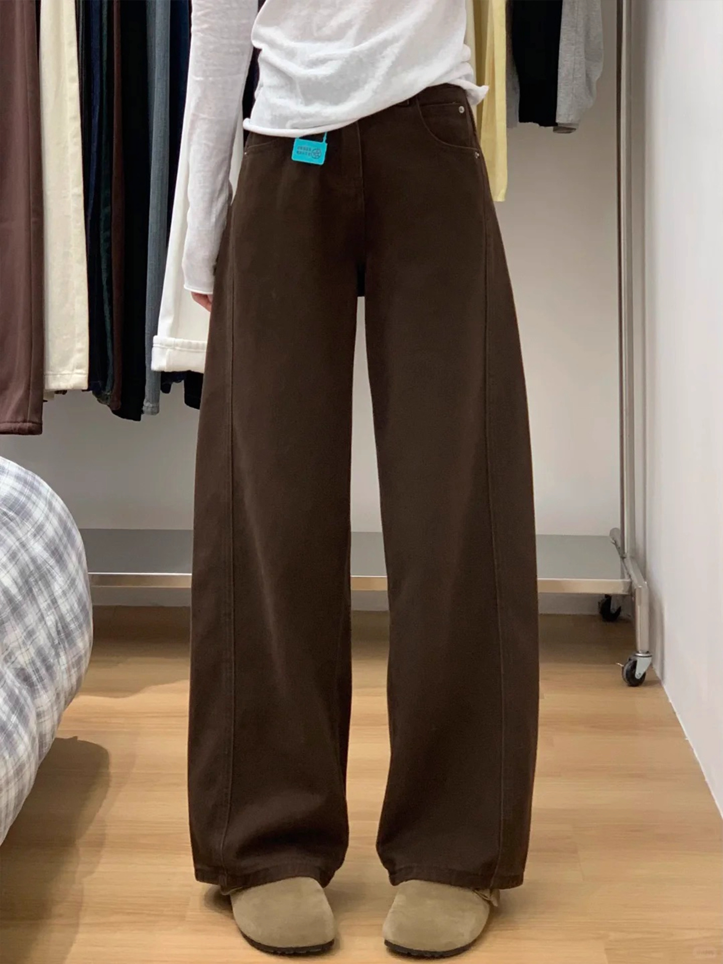 冬款加绒咖啡色阔腿裤女大码高腰胖妹妹显瘦牛仔裤