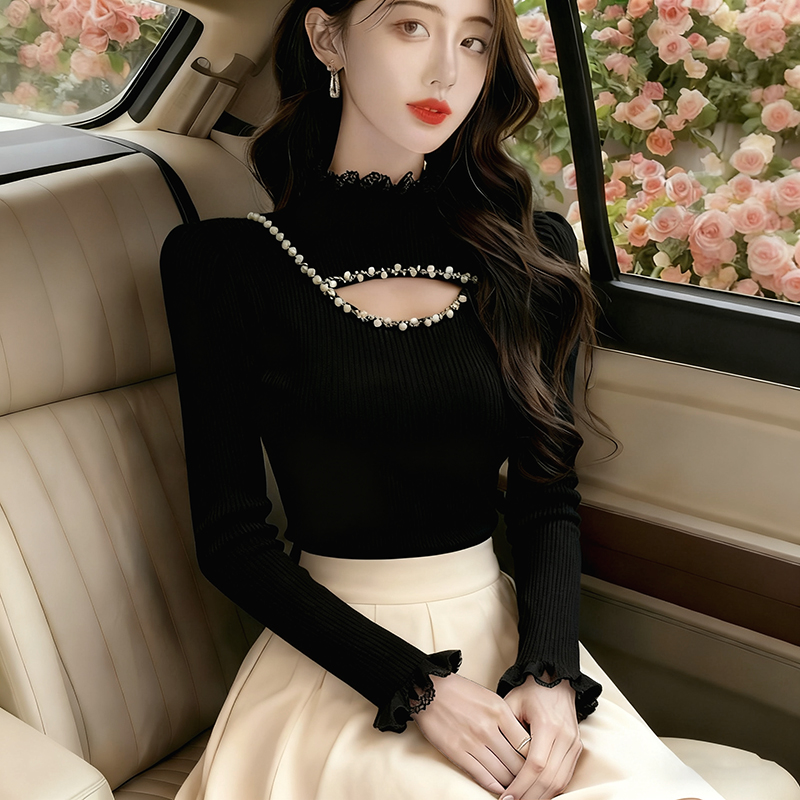 法式高级感打底衫毛衣女爆款春秋洋气钉珠镂空半高领内搭针织上衣