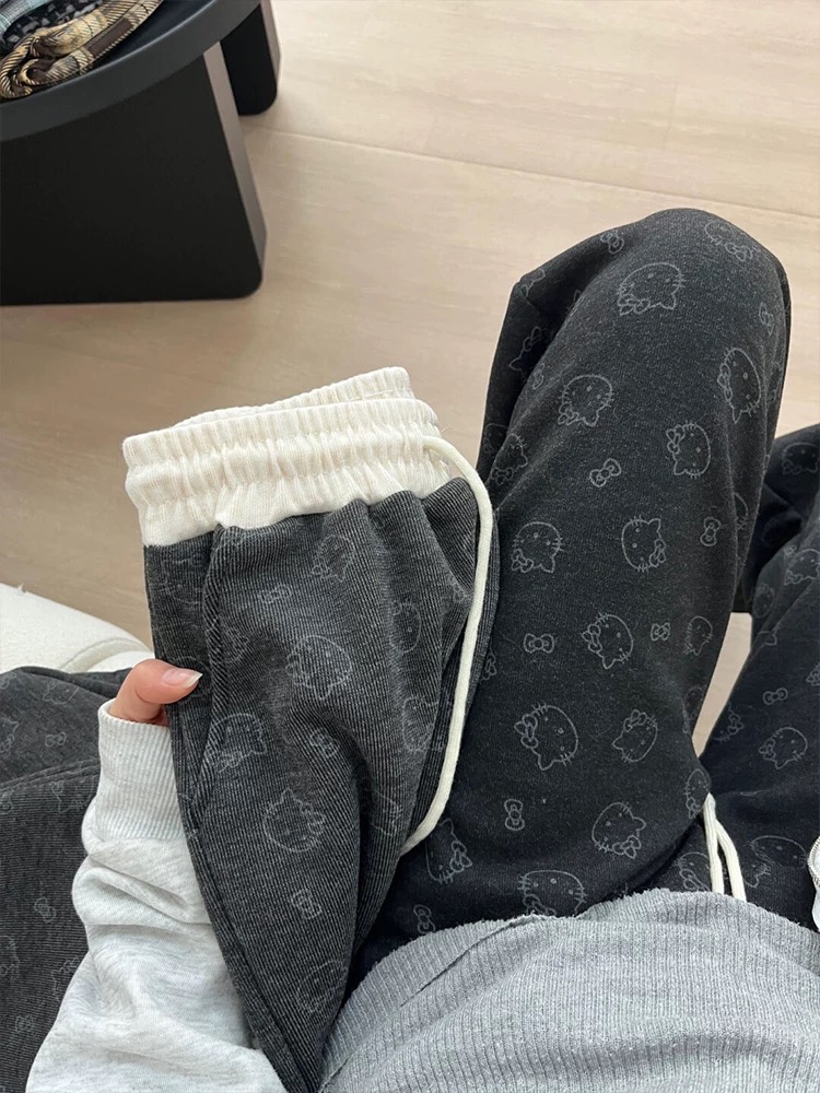 时髦孕妇裤可爱kt印花糯米裤2025新款休闲宽松慵懒直筒阔腿孕妇裤